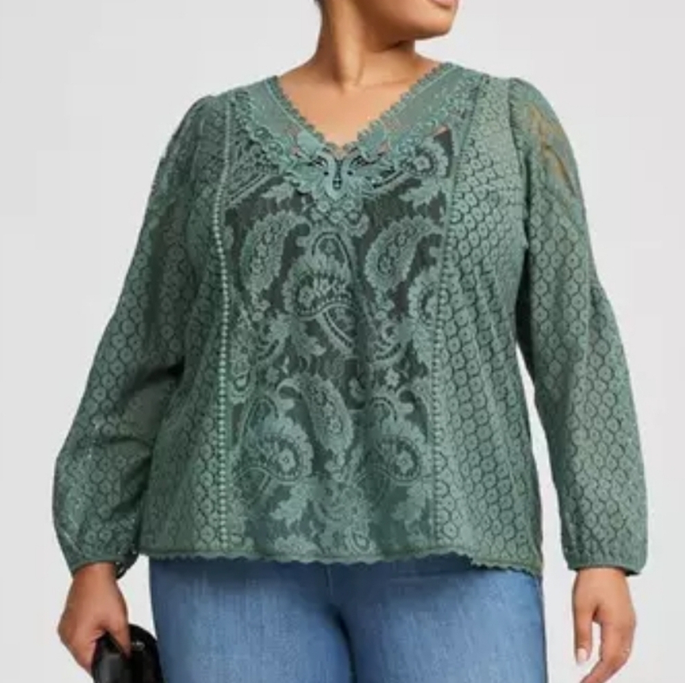 Torrid Womens Sheer Dark Forest Green Lace Mix Long Sleeve See-Through Blouse 1X